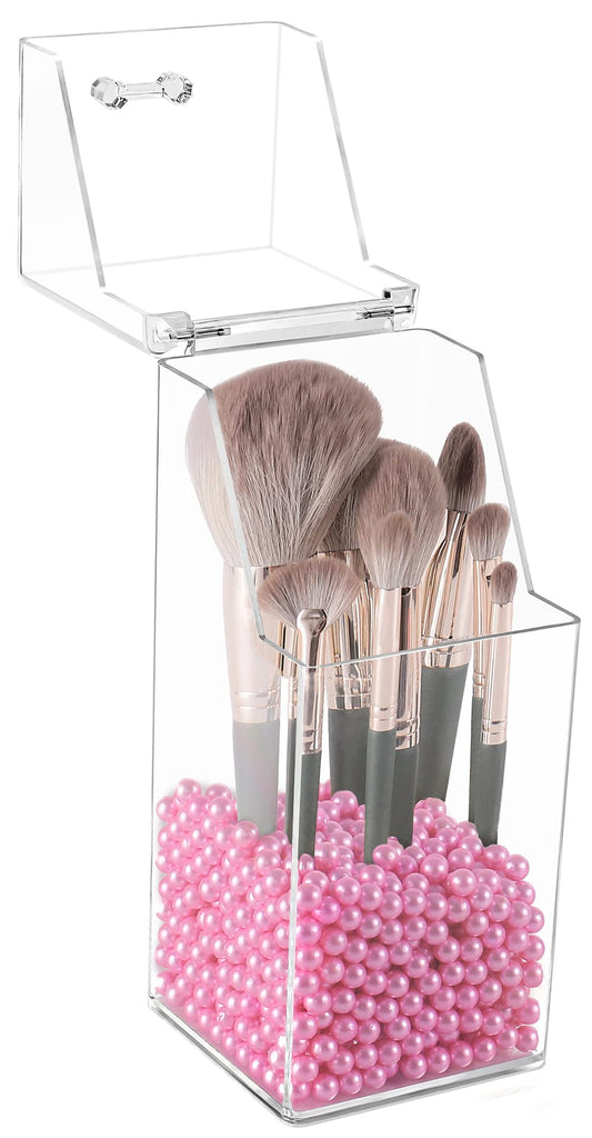 Sooyee Makeup Brush Holder,Makeup Brush Organizer with 8mm Pink Pearls,Dustproof Makeup Brush holder with Lid