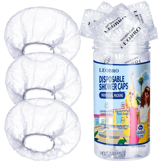 LEOBRO Shower Cap, 80PCS Individually Wrapped Disposable Shower Caps, Large Plastic Shower Caps for Women Disposable, Clear Shower Cap for Men, Plastic Hair Caps for Travel, Spa, Hotel Use, 19 INCH