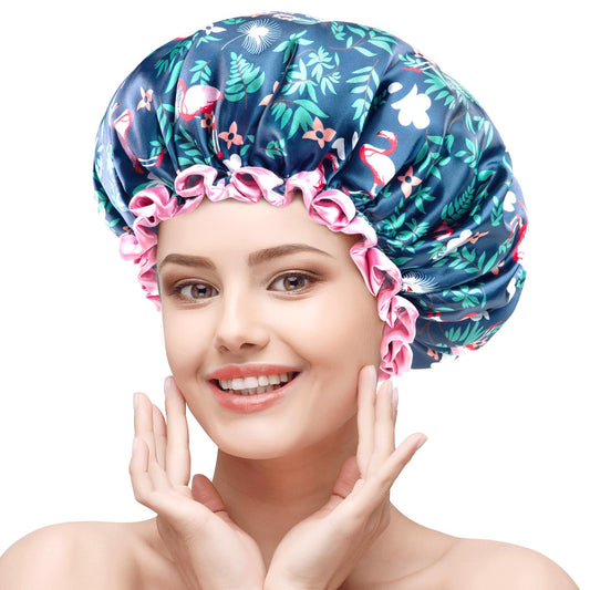 mikimini Large Shower Cap for Women Long Hair, Flamingo Shower Caps with Pink Lace, Double-layer Waterproof, Reusable, Washable,X-Large (Pack of 1)