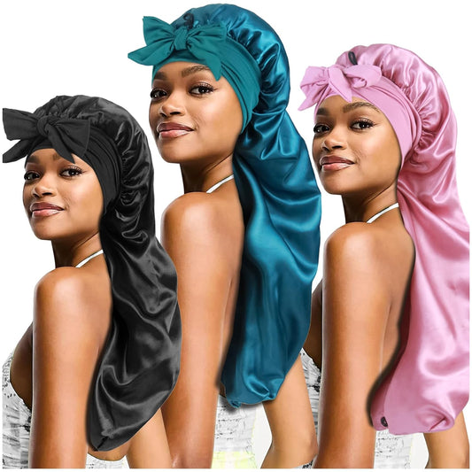 3pcs Long Satin Bonnets for Braids Locs, Large Silky Hair Bonnet with Tie for Women Sleeping Curly Hair, C