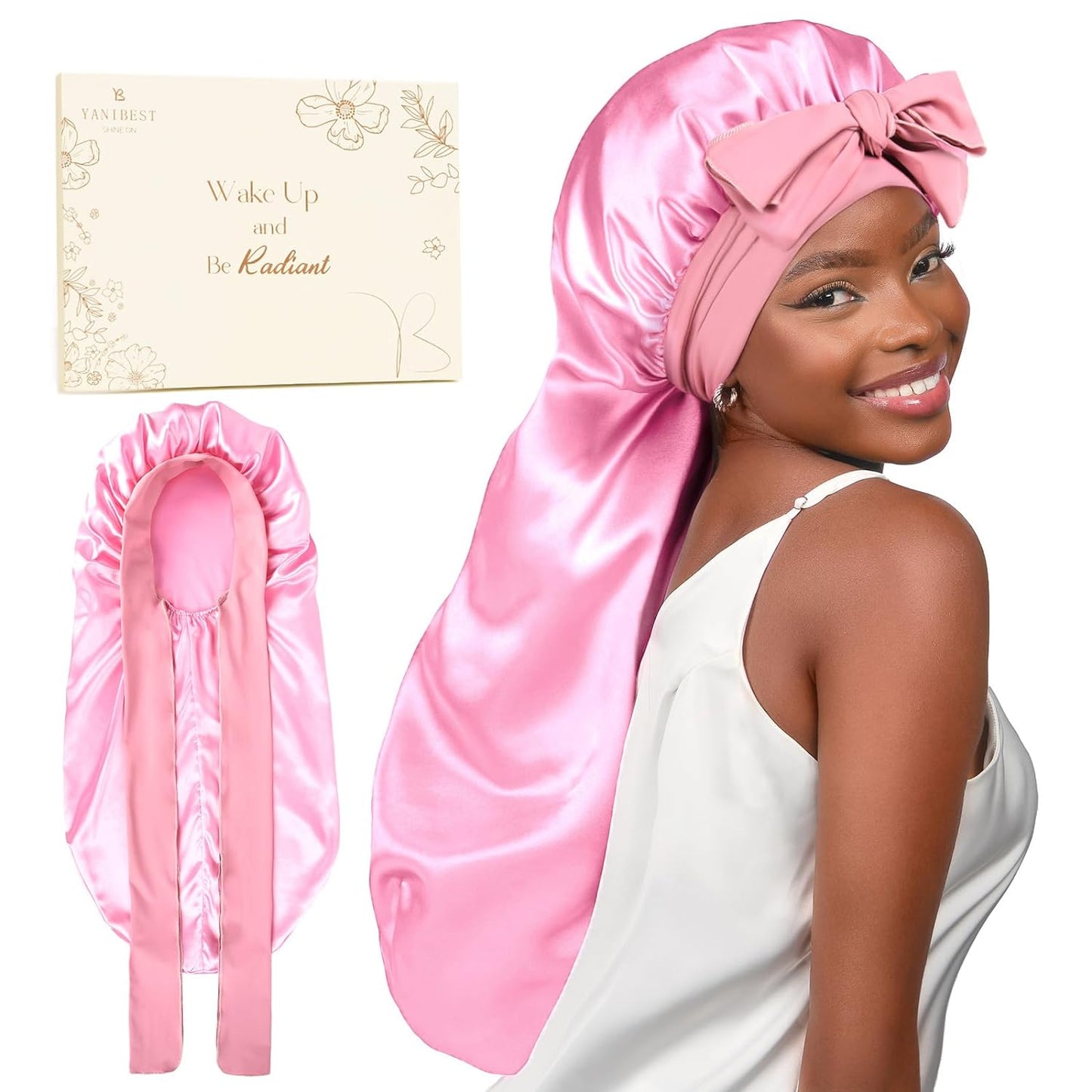 Silk Bonnet for Sleeping Women Braid Bonnet for Long Hair with Tie Band Satin Bonnet for Braids Hair Sleeping Cap Gifts for Women Pink