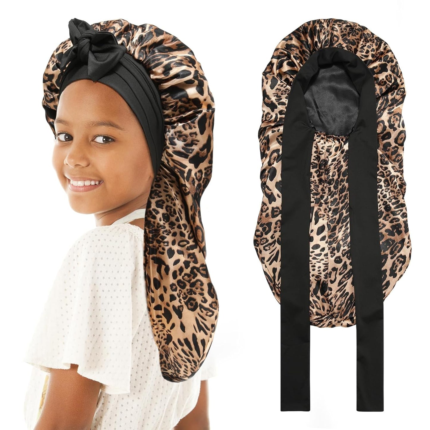 Kids Long Hair Bonnet for Sleeping - Double Layer Girls Elastic Satin Bonnet with Tie Band for Braid Curly Hair (Leopard+Black)