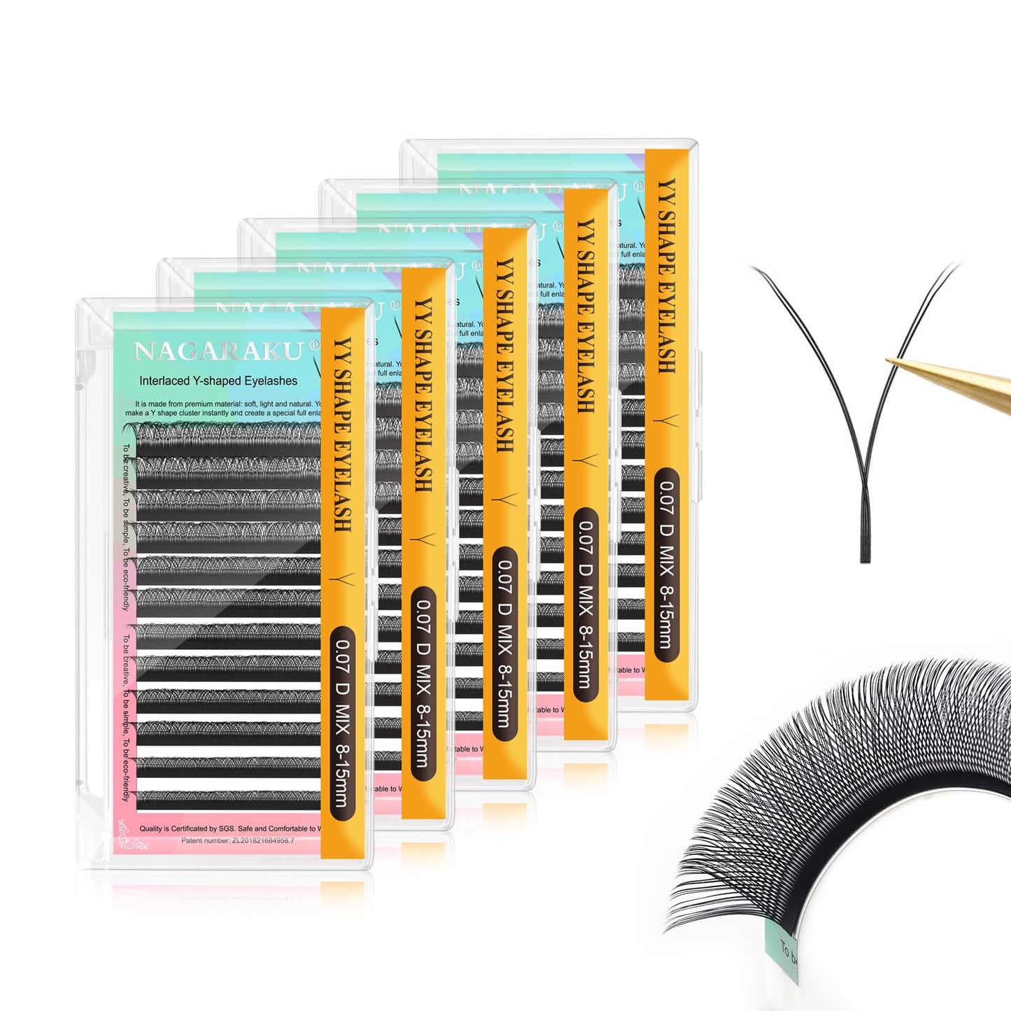 NAGARAKU 5 Trays yy Eyelash Extensions y lash 0.07mm D 8-15mm Mix Tray in 1 pack Premade 4D Easy Fan Russian Volume Cluster Faux Mink Matte Black 12 rows