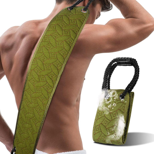 Exfoliating Back Scrubber for Use in Shower, 38.5 Inch Back Washer with Handles, Dual-Sided Body Exfoliator for Daily & Deep Skin Cleaning, Bath Back Scrub Washcloth for Men & Women (Green)