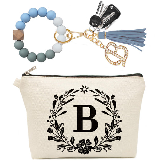 Mcapirivo Cute Small Canvas Makeup Bag Personalized, Silicone Beaded Wristlet Bracelet Keychain with Initial, Flower Makeup Pouch Cosmetic Bag, Gift for Women, Teacher, Bridesmaids (Letter B)