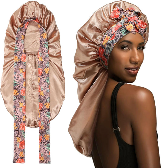 MBJERRY Long Satin Braids Bonnet - Silk Hair Bonnets for Sleeping Stretchy Tie Band for Black Women Curly Hair