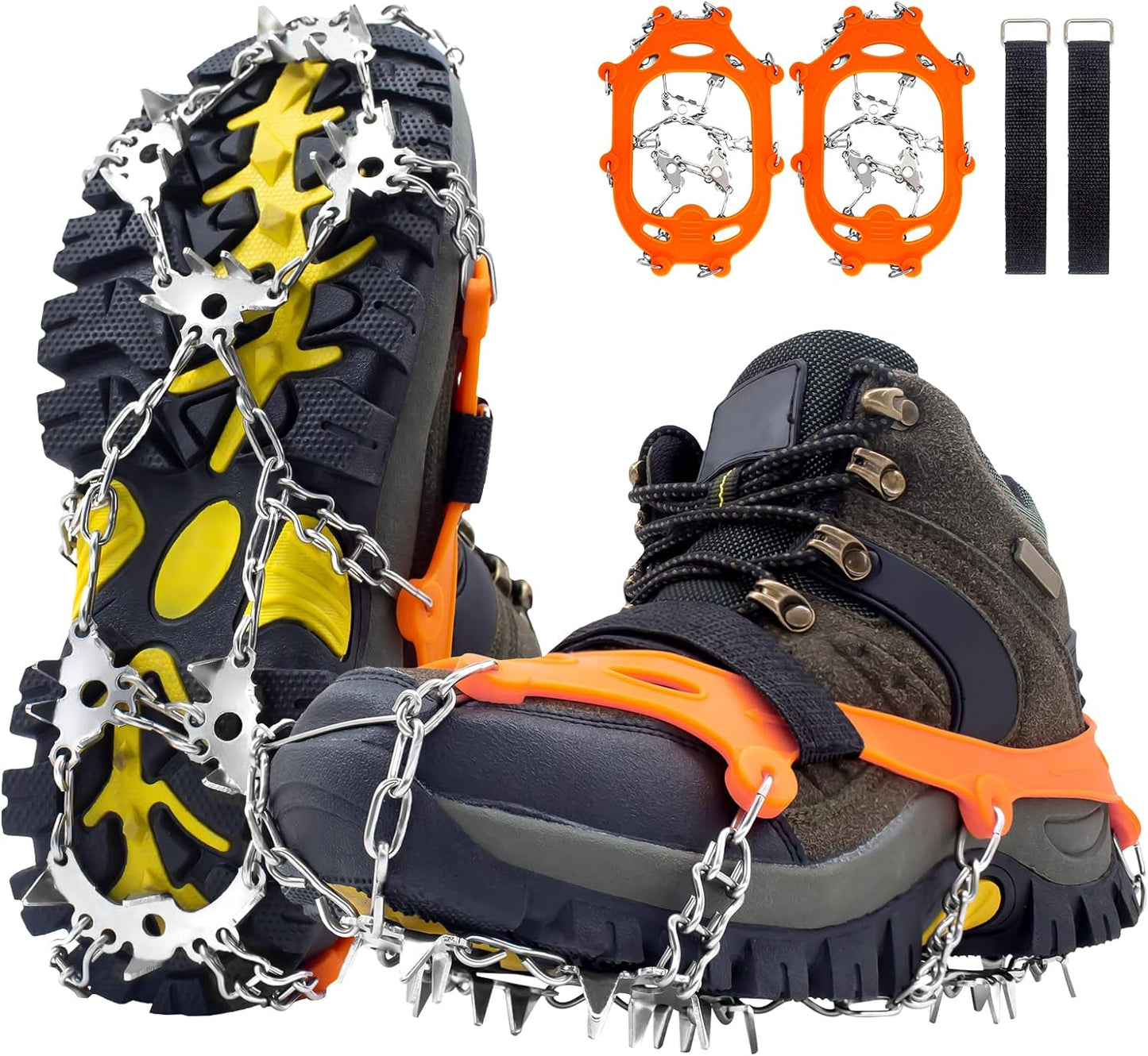 Crampons Ice Cleats Anti Slip Newest 28 Stainless Steel Spikes Suitable for All Boots Shoes Great Protect for Hiking Trekking Walking Jogging Climbing Mountaineering Fishing Men Women Kids (Orange, M)