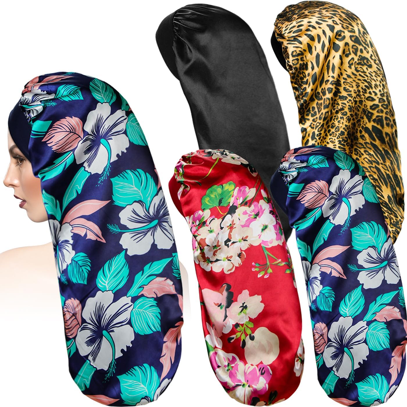4 Pcs Long Satin Sleep Bonnet for Curly Hair and Dreadlock, Long Braids Bonnet Sleeping Cap for Women Multicolor