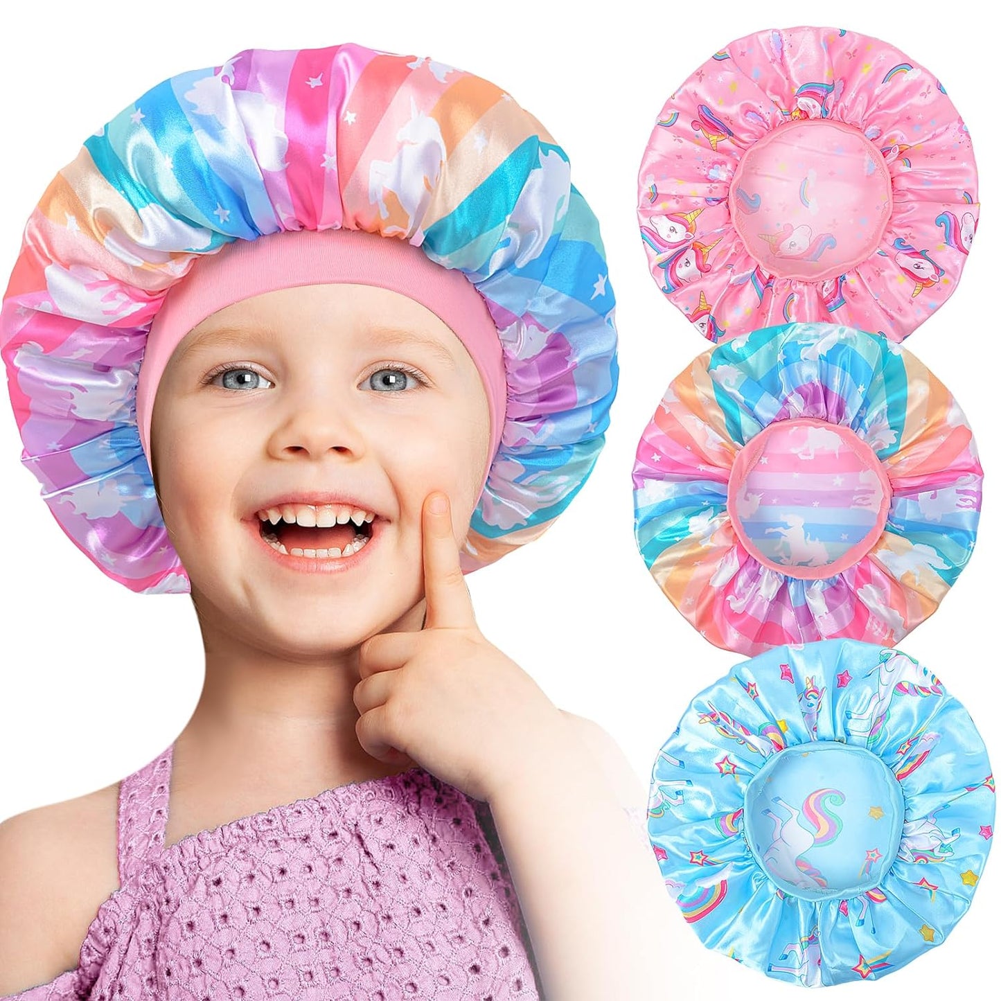 3Pcs Kids Satin Bonnet, Silk Bonnet Sleeping Cap, Night Hair Hats Elastic Wide Band Baby Bonnet Natural Hair for Toddler Teens Child Girls (Unicorn)