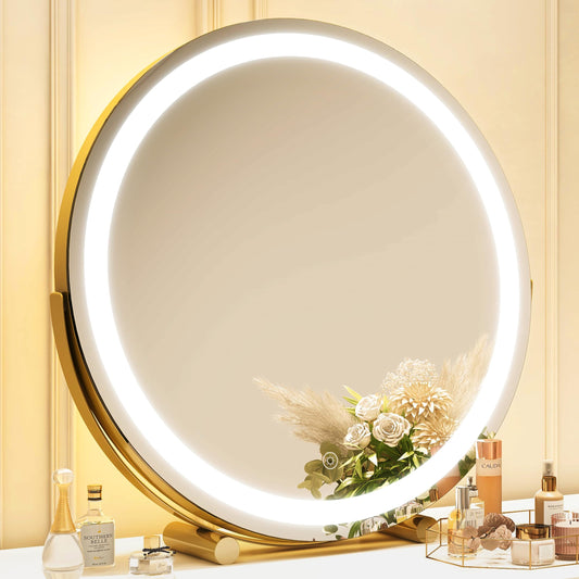 ROLOVE Gold Vanity Mirror, 18 Inch Makeup Mirror with Lights, Large Lighted Vanity Mirror, Light Up Mirror with Smart Touch 3 Colors Dimmable, Tabletop Mirror, 360° Rotation