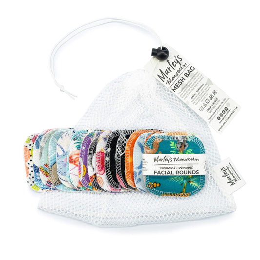 Marley's Monsters Facial Rounds 20 Count Pack + Laundry Bag - Soft and Reusable Cotton Rounds (Surprise Prints)