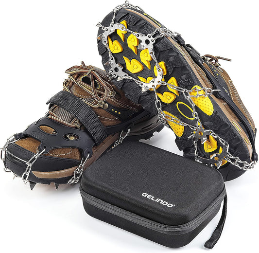 Gelindo Crampons Ice Cleats Traction, 19 Spikes Stainless Steel for Snow Shoes Boots, Safe Protection for Hiking, Walking, Climbing, Jogging, Mountaineering on Snow Muddy Road Anti-Slip