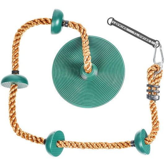 Athletic Bar Tree Swing Rope Climbing Kids Swing Set Saucer Disc Swing Seat Playground Platform Swing Rope Climb Outdoor Hanging Rope Adjustable Height up to 6.5 Feet Green