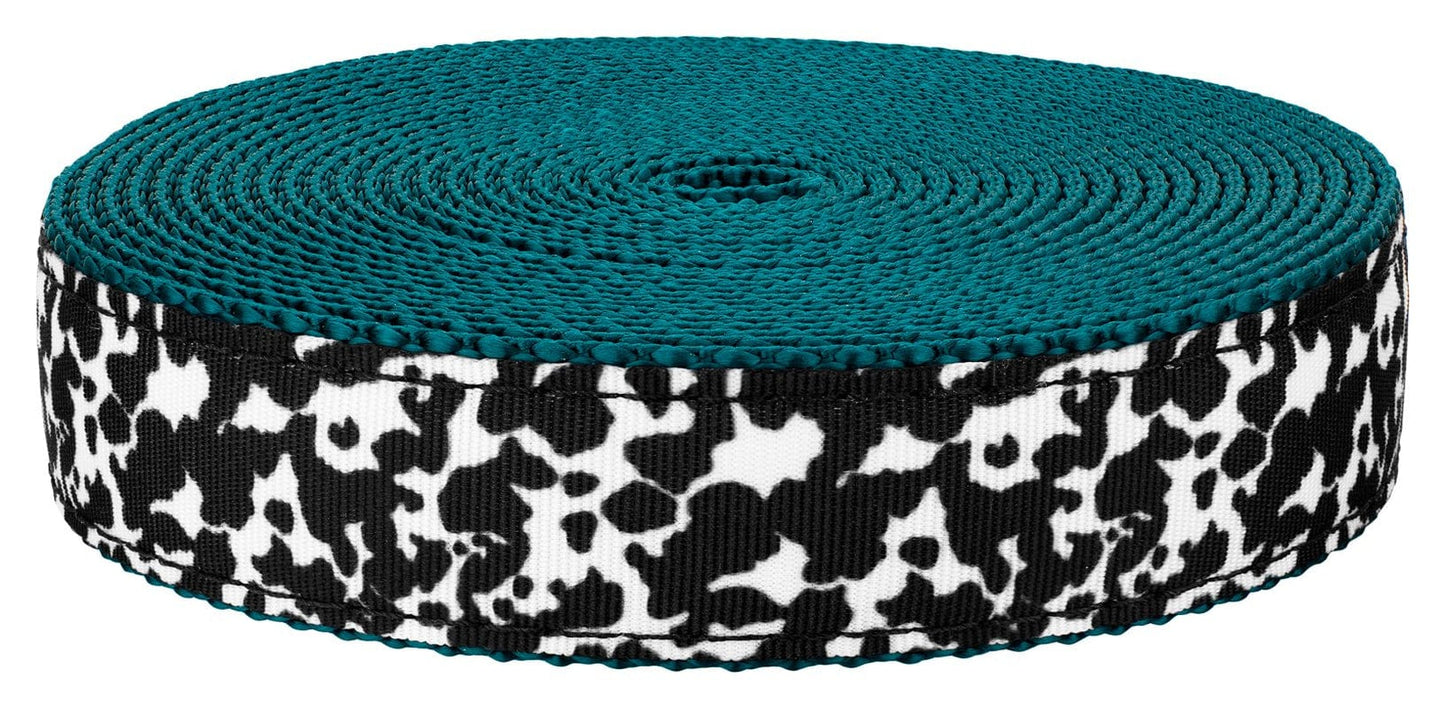 Country Brook Design® 1 Inch Dairy Cow Ribbon on Teal Nylon Webbing, 50 Yards