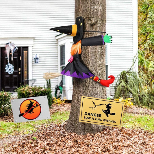 Crashing Witch into Tree with Broom Climbing Witch for Door Porch Tree Decoration Props Halloween Hanging Decorations